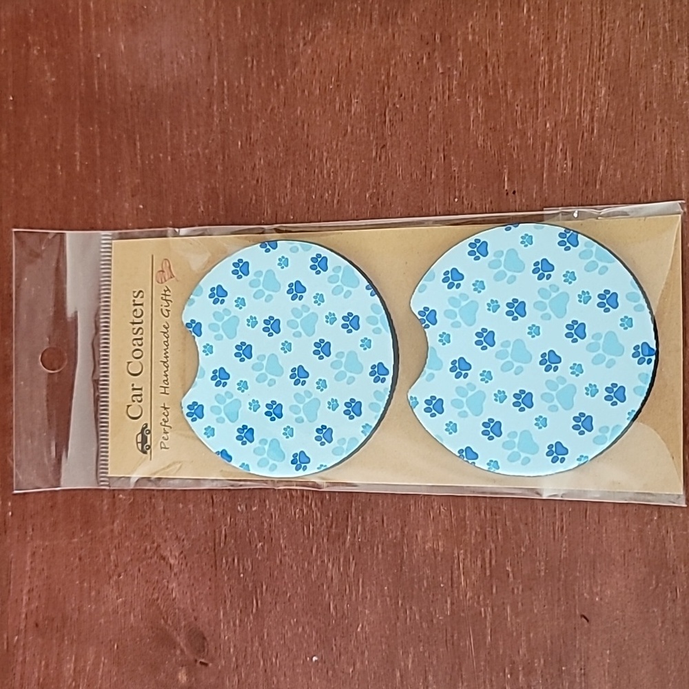 Dog Paw Blue Handmade Reuseable Neoprene Set of 2 Cup Holder Car Coasters